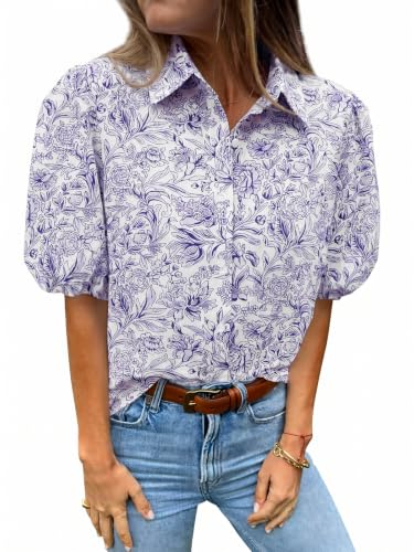 Image of Tankaneo Womens Button Down Shirts Puff Sleeve Tops Summer Cotton Blouses