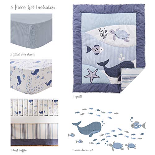 Image of Levtex Baby - Boho Bay Crib Bed Set - Baby Nursery Set - Navy, Blue, Grey and White - Under The Sea - 5 Piece Set Includes Quilt, Two Fitted Sheets, Wall Decal & Skirt /Dust Ruffle