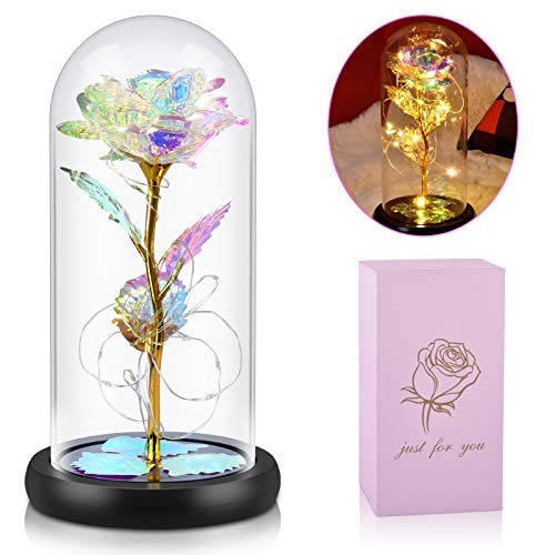 Gifts for Her Women Girlfriend Wife Mom, Galaxy Rose Gift for Valentine's Day, Romantic Rose in a Glass Dome with LED Light, Unique Gift for Wedding, Valentine's Day, Christmas, Halloween Decorations