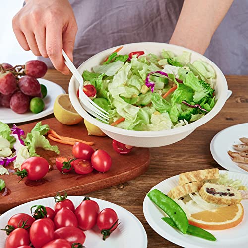 ECOLipak 32 OZ Large Compostable Disposable Paper Bowls, 70 Pack Biodegradable Bagasse Eco-Friendly Sugarcane Soup Bowls for Salad Wheat Flakes(Nature)
