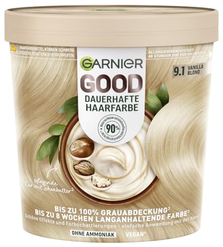 Garnier GOOD Dauerhafte Haarfarbe 9.1 Vanilla Blond permanente Coloration ohne Ammoniak bis zu 100% Grauabdeckung bis zu 8 Wochen langanhaltende Farbe einfache Anwendung angenehmer Duft 1 Stk.
