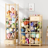 Primo Lines Stuffed Animal Storage Organizer, 2-in-1 Vertical & Horizontal Standing Wood Stuffed Animal Zoo Storage Holder with Polyester Drawer for Toddler Rooms, Playrooms & Bedrooms