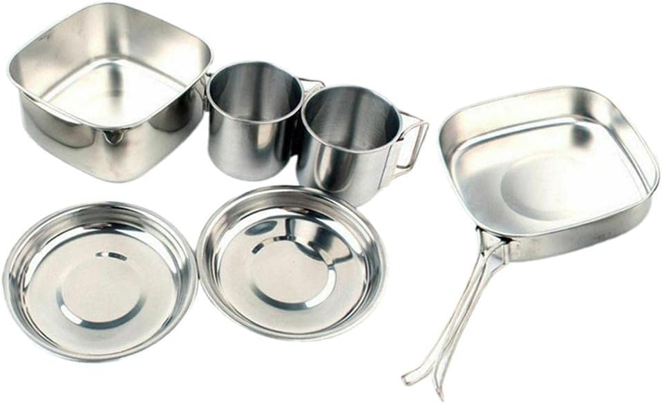 6PCS Stainless Steel Cookware Picnic Set: Frying Pan, Pot, Plates, Cups - Portable Camping Tableware Mess Kit - Outdoor Survival Cooking Gear