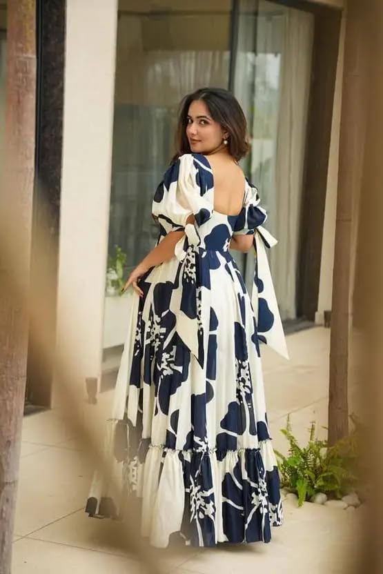 Image of Women Floral Printed Tiered Maxi Dress with Puff Sleeves, Empire Waist, Tie-Up Detail, Flared Long Dress for Casual Wear, Summer Outings, Vacation & Resort Wear - Causal Gown for Women