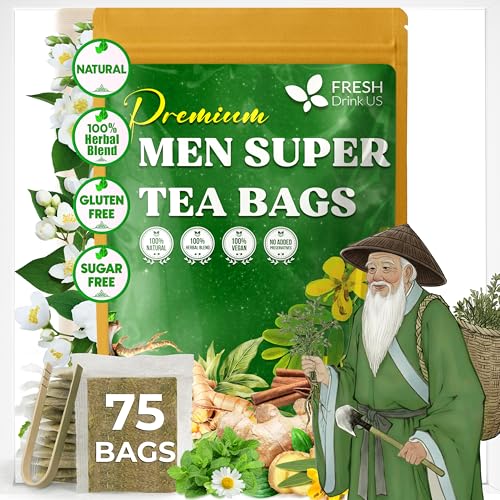 Image of FreshDrinkUS, Premium 75 Tea Bags Men Super Tea - Herbal Blend with Senna, Dandelion Root, Ginger, Peppermint & More - 100% Natural, Sugar-Free. Caffeine-Free. Gluten-Free. Vegan