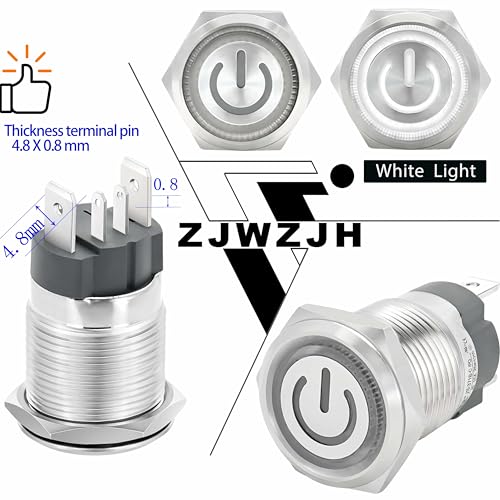 Image of UL Listed 15Amp 16mm Latching Push Button Switch 12V-24VDC IP67 Waterproof; SPST 1NO, with LED Angel Eye Light; Stainless Steel 304 with Wire Socket White