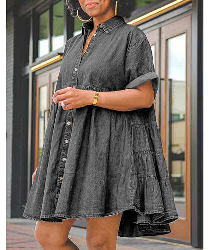 Image of Womens Denim Babydoll Dresses Summer Outfits Button Down Ruffle Tiered Jean Dress