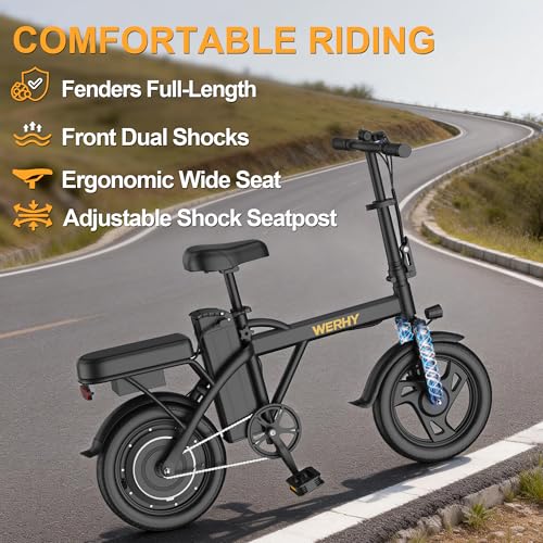 WERHY Electric Bike for Adults, 500W Motor, 22 MPH Max Speed Folding Ebike, 14″ Electric Bicycles, Max 30/40/50 Miles Range (Pedal Assist Mode), Mini E Bikes