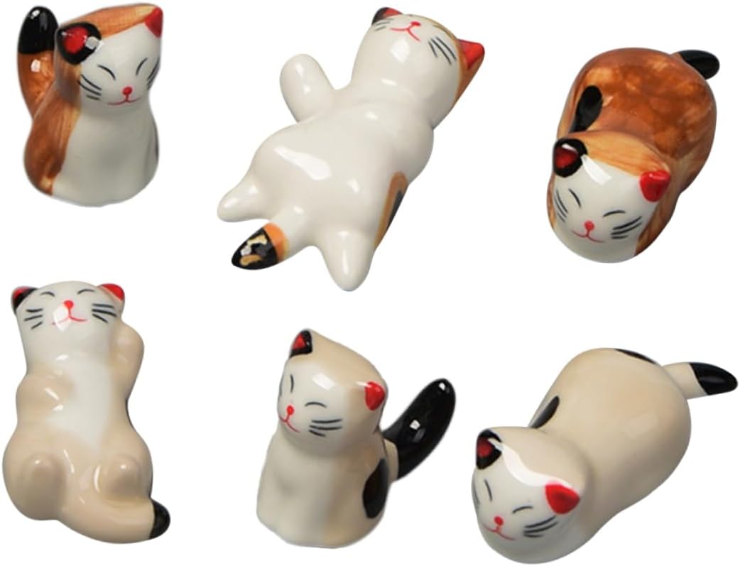 6pcs Cat Design Ceramic Chopsticks Rest Japanese Style Cutlery Holder Stand Premium Quality Tabletop Utensil Rack Cute Decorative Kitchen Accessory for Home