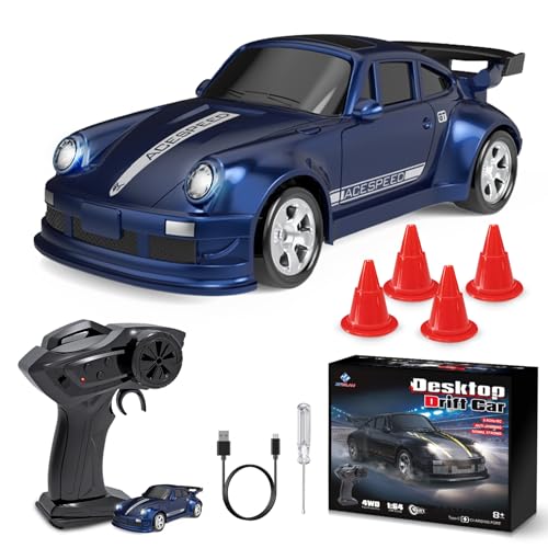 BuzzoXerex Mini Voiture Télécommandée Drift, 1:64 Mini RC Drift Car, 4WD Voiture Télécommandée avec Lumière LED, 15km/h, Cadeau de Jouet pour Les Enfants de Plus de 8 Ans (Bleu Foncé)
