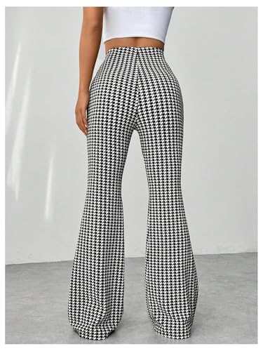 OYOANGLE Women's Houndstooth Pattern High Waisted Flared Leg Pants Workout Bell Bottom Casual Pants4