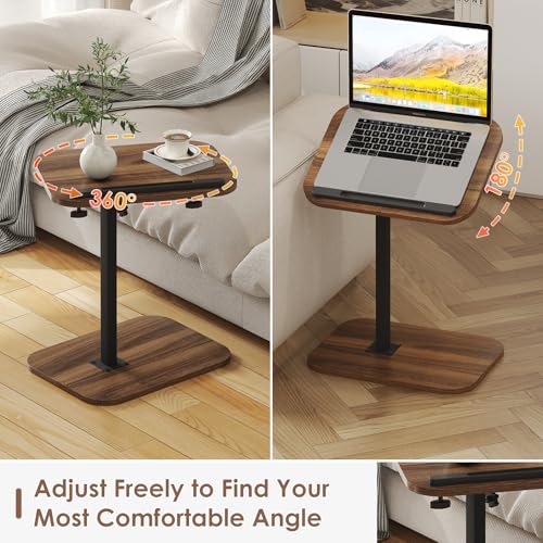 Image of Side Table Sofa Tv Tray Height Adjustable C Shaped End Table 360 Swivel Overbed Living Room Couch Table, Walnut
