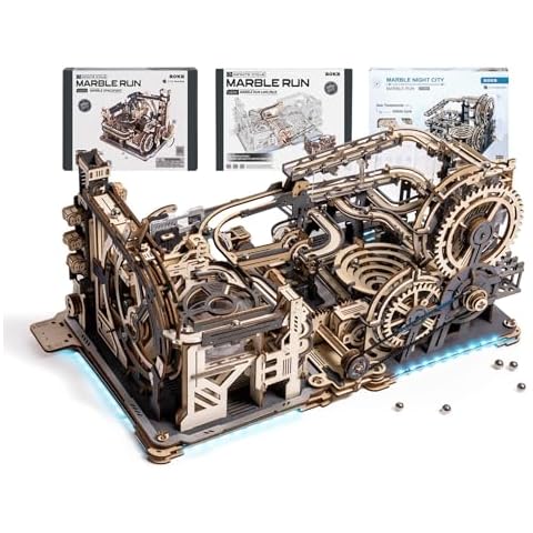 ROKR 3 in 1 Electric Wooden Marble Run, 3D Puzzles for Adults, Wood Model Building Toy Kits, Ideal Gift for Boys and Men Cover