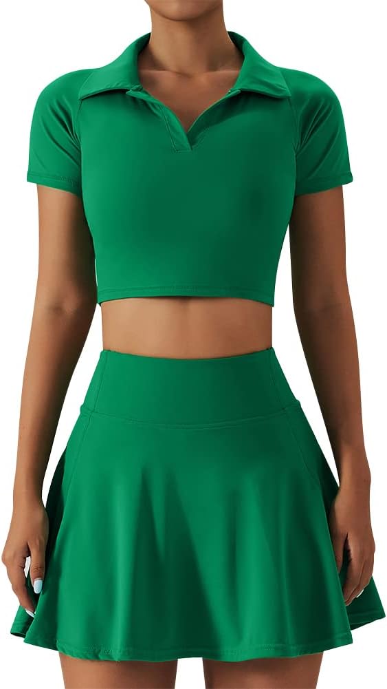 2 Piece Tennis Dress for Women High Waist Pleated Tennis Skirt with Shorts Short Sleeve Crop Golf Workout Skirts Sets