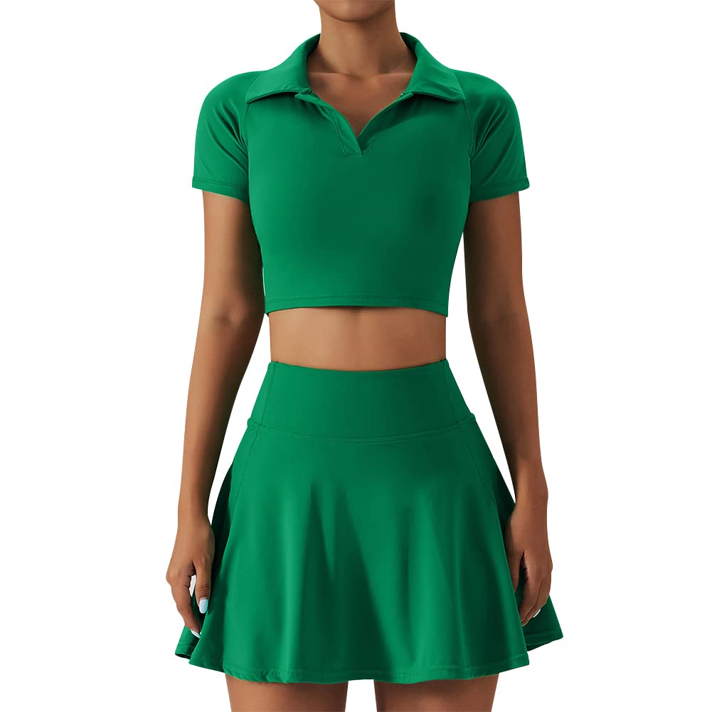 2 pezzi abito da tennis per le donne a vita alta gonna da tennis pieghettata con pantaloncini a maniche corte crop golf allenamento gonne set