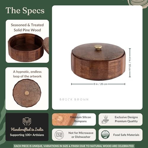 Image of Brick Brown Anant Wooden Roti Box with Lid | Solid Wood Chapati Box for Kitchen & Dining | Designer Roti Casserole & Roti Hot Pot Case | Faceted Roti Dabba Server | Storage Container (8x8x4 Inch)