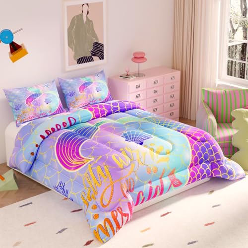 Image of Mermaid Comforter Sets,Cute Pattern for Kids Girls Adults,Decorative Bedding Comforter Sets with 2 Pillow Shams, Twin Size
