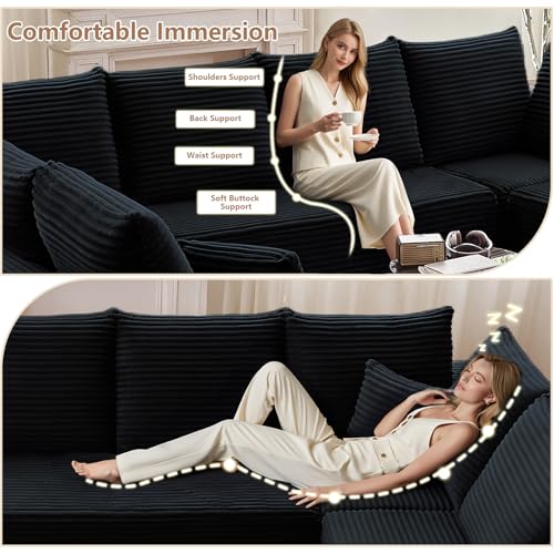 Image of Oversized Modular Sectional Sofa Couch, Large 8 Seater Corner Sofa Modern U Shaped Sectional Couch Cloud Couches for Living Room, Office, Spacious Space, Corduroy, No Assembly Required, Black