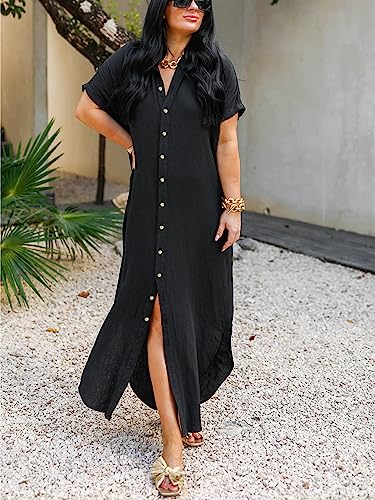 Breezy Lane Long Button Down Beach Cover Up for Women Short Sleeve Swimsuit Coverup Bathing Suit Cover Ups3