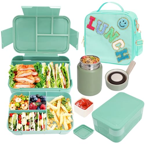 Girl Lunch Bag with 6 Compartment Bento Box with 10oz Thermo- Preppy Green Nylon Insulated Lunch Box Adjustable Strap, Birthday Gift For Girl Kids Teens Travel Picnic School