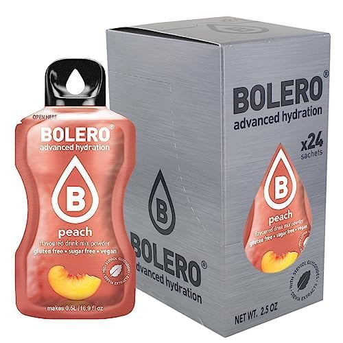 Bolero Melocotón | 24x3g I Erfrischendes Zuckerfreies Getränkepulver mit Stevia gesüßt | Vitamina C | für Diabetiker geeignet | eine Mischung aus exotischen Fruchtaromen