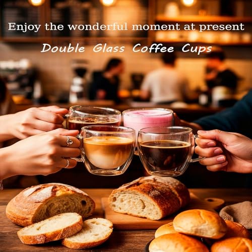 Image of Glass Coffee Cups Set of 2-250 ml Double-Walled Glass Coffee Mugs with Handle, Clear Insulated Borosilicate Glass Mug, Suitable for Cappuccino, Tea, Latte, and Hot Beverages