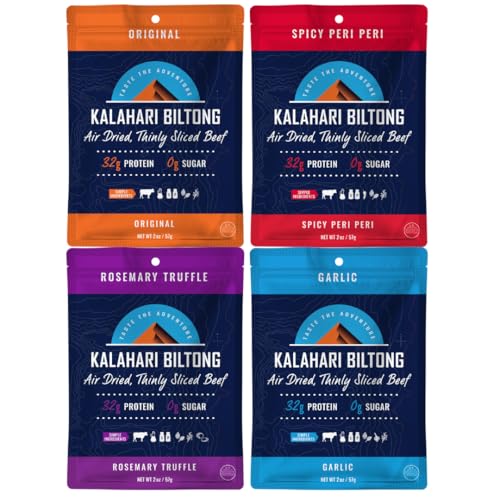Kalahari Biltong Variety Pack – 4 Pack (Original, Peri Peri, Garlic, Rosemary Truffle) – High Protein, Low Carb, Gluten Free, Keto-Friendly Snack