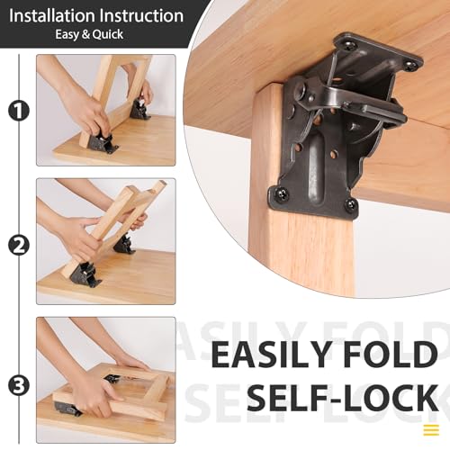 4 Pack Folding Brackets, Self-Lock Hinge with Screws for Folding Table Legs, Lock Extension Support Bracket Bed Legs, Black - Image 3