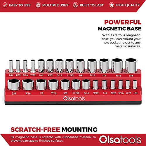 Image of Olsa Tools Magnetic Socket Organizer - 1 /4-Inch Drive SAE Socket Holder with Strong Magnets - Professional Tool Holder and Organizer - Stores up to 26 Sockets - Red - Part: 1069
