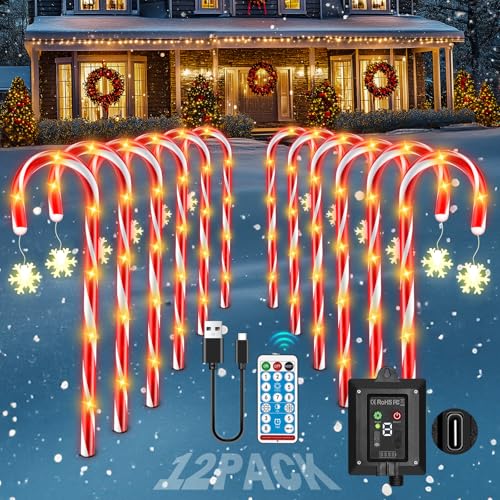 Forlivese Candy Cane Lights Outdoor 108LED 12 Pack,Christmas Decorations Outdoor USB Charging Panel & Solar with Snow,Timer,Waterproof 8 Modes Christmas Candy Cane Path Lights,for Garden, Lawn Forlivese Candy Cane Lights Outdoor 108LED 12 Pack,Christmas Decorations Outdoor USB Charging Panel & Solar with Snow,Timer,Waterproof 8 Modes Christmas Candy Cane Path Lights,for Garden, Lawn