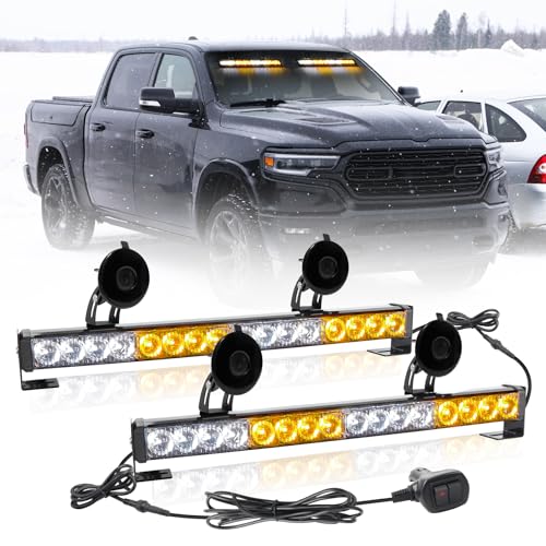 ROUTEKING 2x16.8 inch Emergency Flashing LED Traffic Advisor Strobe Light Bar 32LED 23 Flash Patterns Interior Safety Warning Beacon 2 in 1 Windshield Lights with 6 Suction Cup (Amber/White)