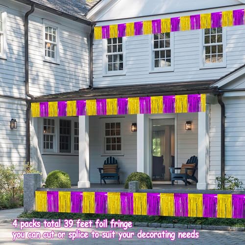 Image of 4 Packs Total 39 Ft Graduation Parade Floats for Trailer Car, Purple Gold Foil Fringe Garland Tinsel Streamers Banner Table Skirts for Graduation Homecoming Birthday Party (Purple Gold)