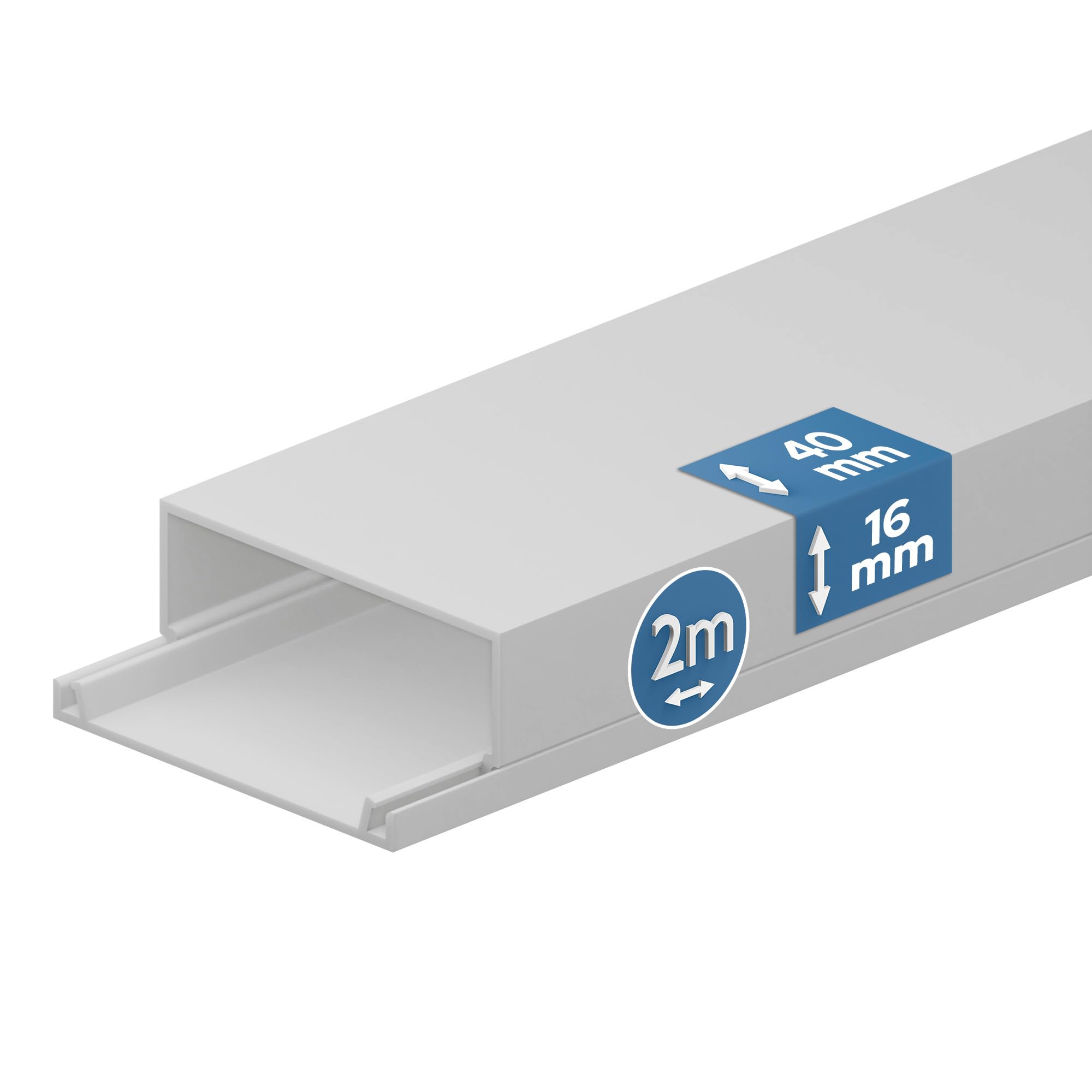 EDO Goulotte de Câble 40x16 mm Cache-​Câble Blanc 2m - Goulotte PVC avec Couvercle à Clipser - Cache Câble Mural en Saillie - Goulotte Décorative TV, Bureau, Salon