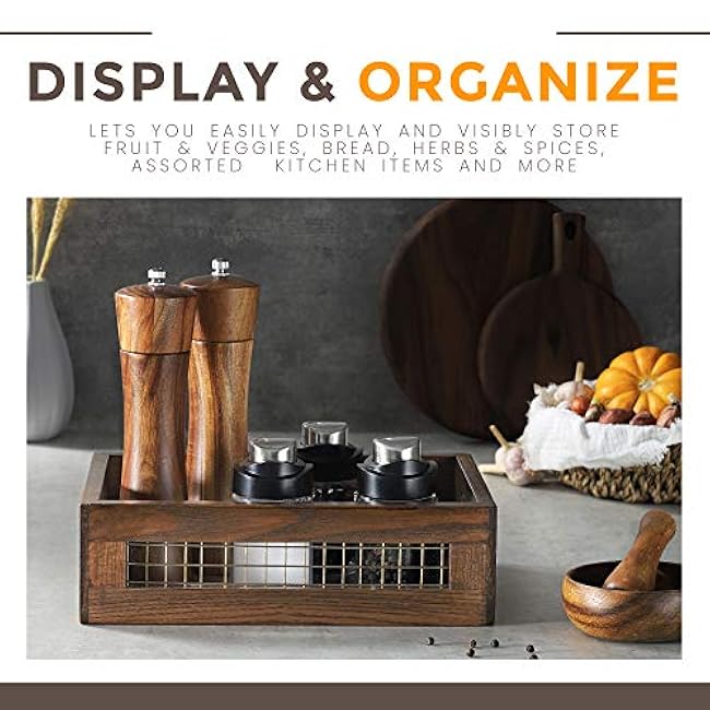 Wooden Nesting Countertop Baskets Set of 3 for Kitchen, Bathroom, Pantry|Wall Mount Upgrade with Full Accessories|Wooden storage organizer For Fruit, Vegetables, Produce, Bread|Wooden Crate with handles|Decorative Walnut Wood and Metal Wire