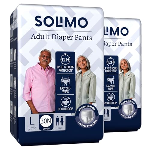 Amazon Brand - Solimo Adult Diapers, Pant Style | Pack of 60 | Large Size | Waist 30-55 in (75-140 cm) | Unisex | Quick Absorption | Leak Proof Upto 1