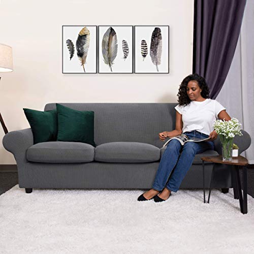 CHUN YI 3 Pieces Stretch Loveseat Sofa Cover for 2 Seater Couch, Washable Soft Sofa Slipcover with 2 Separate Seat Cushion Covers for Dogs, Checks Spandex Jacquard Fabric, Medium, Light Gray - Thumbnail 2