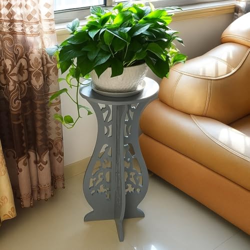 Image of Brown Art SHOPPEE Round End Tables Living Room,Narrow Night Stands Round Side Table for Bedrooms, Antique Carved Coffee Table,Pedestal Plant Stand for Balcony (White1) (Full Grey)