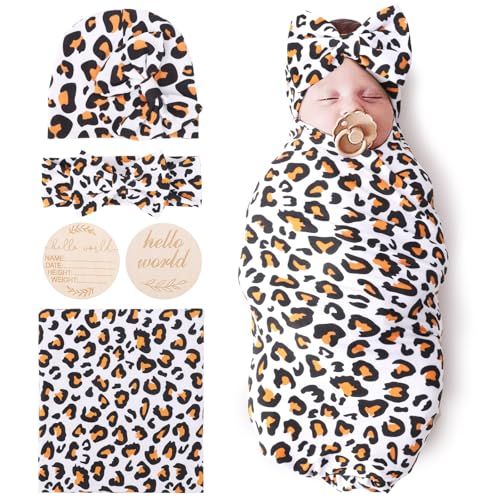 Image of DRESHOW BQUBO Baby Girl Newborn Receiving Blanket with Bow Hat Headband Wooden Birth Announcement Card Set Baby Leopard Nursery Swaddle Wrap