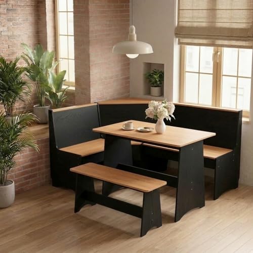 THE CARY C Farmhouse Breakfast Nook Table Set Dining Nook Set with Corner Bench with Storage Function Mid Century Modern Small Dining Table Set Kitchen Table Corner Set (Yellow + Black)