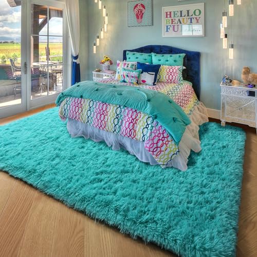 Amdrebio Blue Area Rugs for Bedroom, Fuzzy Fluffy Furry Rug 5x8 for Living Room, Cute Plush Shaggy Carpet for Kids Teen Girls Boys, Baby Light Turquoise Teal Rugs for Nursery Playroom Classroom Dorm
