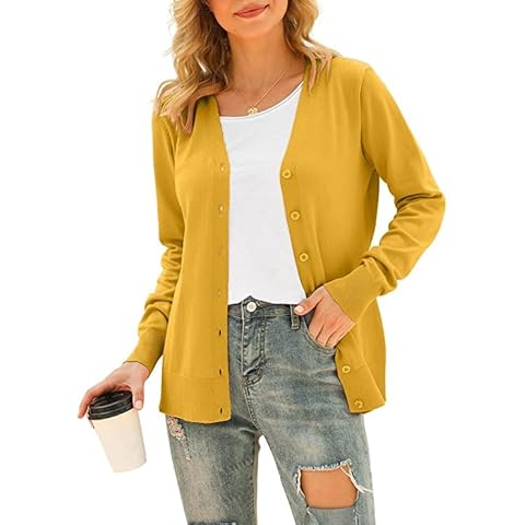 HAOMEILI Women's V Neck Button Down Knitwear Long Sleeve Soft Basic Knit Cardigan Sweater(L Yellow) Cover