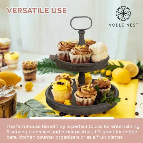 Noble Nest Farmhouse Tiered Tray - Two Tiered Tray Stand - Distressed Wooden Serving Tray With Metal Handle - Farmhouse Kitchen Decor - Housewarming Gifts - Rustic Decorative Tray #TOP5