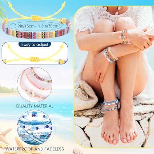 Yinkin 24 Pcs Boho Surfer Ankle Bracelet for Women Men Adjustable Beaded Anklets Unisex Handmade Braided Bracelet Waterproof Surfer Beach Bracelet Anklet Bracelet String Rope Jewelry3