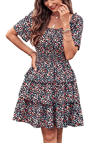 Image of PRETTYGARDEN Women's Summer Floral Ruffle Short Dress | Short Sleeve Square Neck, Flowy Tiered Hem, Fit and Flare, Flower Boho Dresses, Cute Beach Vacation Outfits, Fashion Clothing
