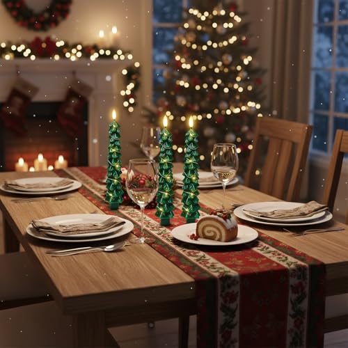 Image of Christmas Tree Candles with Remote Timer, 4 Pcs Waxy Flameless Taper Candles with Embedded String Lights, Battery Operated LED Candlesticks 3D Flame Wick, Green Gifts Christmas Decorations
