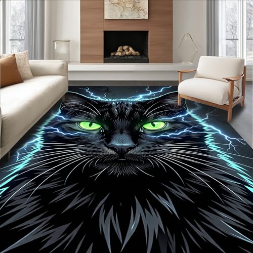 Low Pile Flatwoven Area Rug 5x7, Sinister Feline with Glowing