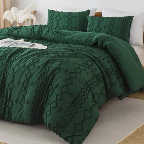 Image of Andency Comforter Full Size Emerald Green, 3 Pieces Dark Green Boho Tufted Geometric Shabby Chic Bedding, Soft Fluffy Farmhouse Bed Set, Jacquard Textured Comforter for All Season(79x90 Inch)