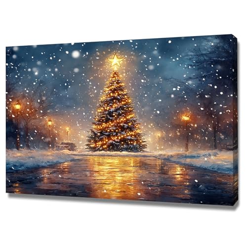 NEKAOEU(ネカオウ) クリスマス 絵画 クリスマスツリーの風景 キャンバスウォールアート プリント 冬の森の版画ワーク,ポスター キャンバス 装飾画 パネル, モダン リビング ベッドルーム 部屋飾り(ゴールデン)-60x90cm 額入り