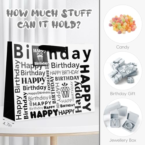 Image of JMANNI Large Happy Birthday Gift Bag with Tissue Papers and Greeting Card,Portable Paper Gift Bags with Handles,White and Black Present Bags for Women Men Birthday Party Supplies13 x 10.2 inch x 4.7 inch