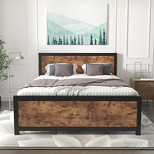 Queen-Size-Platform-Metal-Bed-Frame-with-Wooden-Headboard-and-FootboardRustic-Country-Style-Mattress-Foundation-No-Box-Spring-NeededUnder-Bed-StorageStrong-Slat-Support-Rustic-Brown-Queen